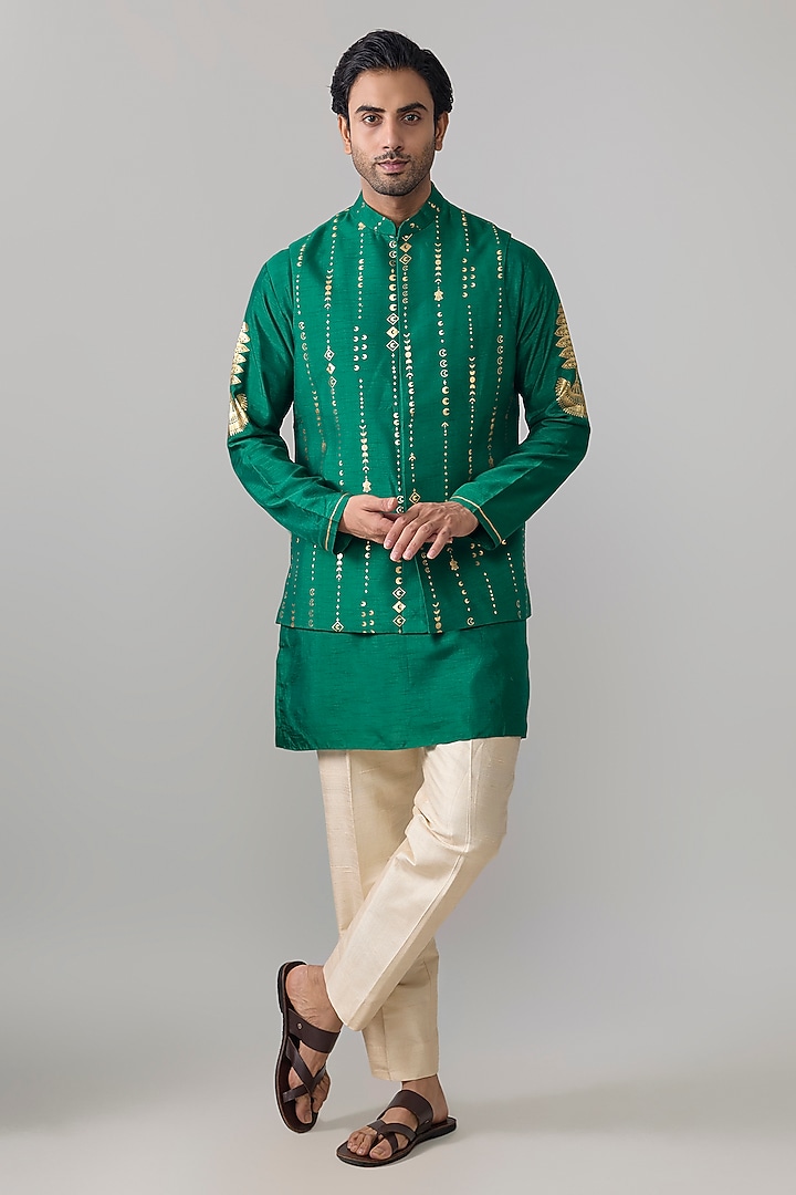 Green Viscose Slub Nehru Jacket Set by Masaba Men at Pernia's Pop Up Shop