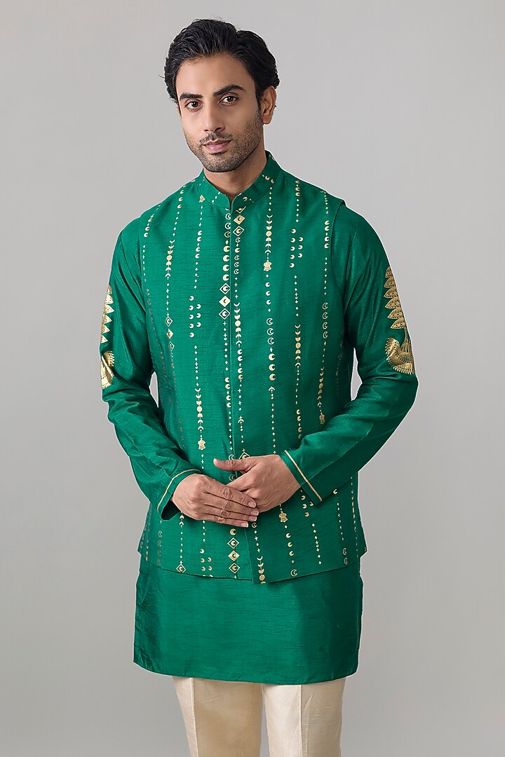 Green Viscose Slub Nehru Jacket Set by Masaba Men at Pernia's Pop Up Shop