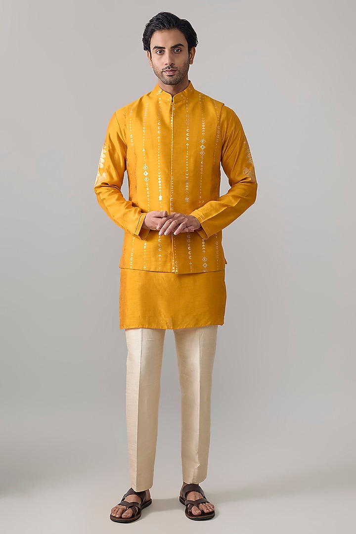 Yellow Viscose Slub Nehru Jacket Set by Masaba Men at Pernia's Pop Up Shop