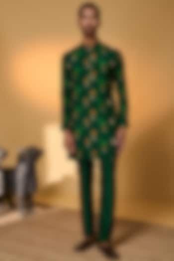 Bottle Green Raw Silk Digital Printed Kurta by Masaba Men at Pernia's Pop Up Shop