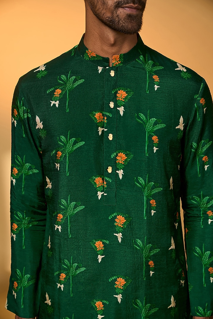 Bottle Green Raw Silk Digital Printed Kurta by Masaba Men at Pernia's Pop Up Shop