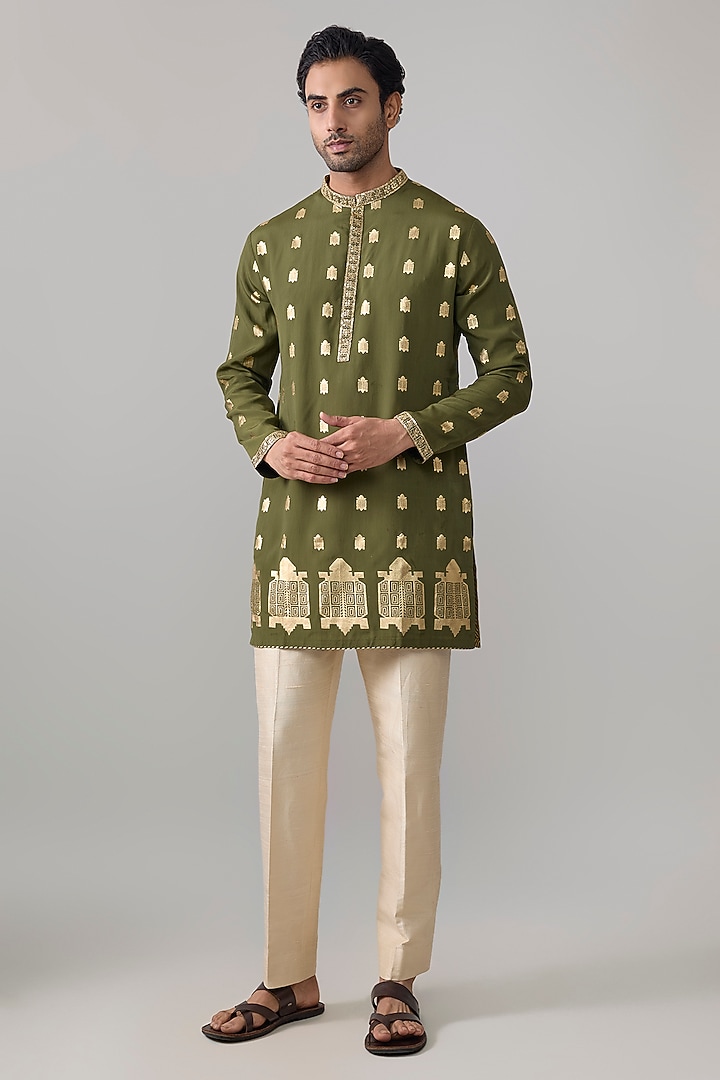 Olive Green Viscose Slub Kurta by Masaba Men at Pernia's Pop Up Shop