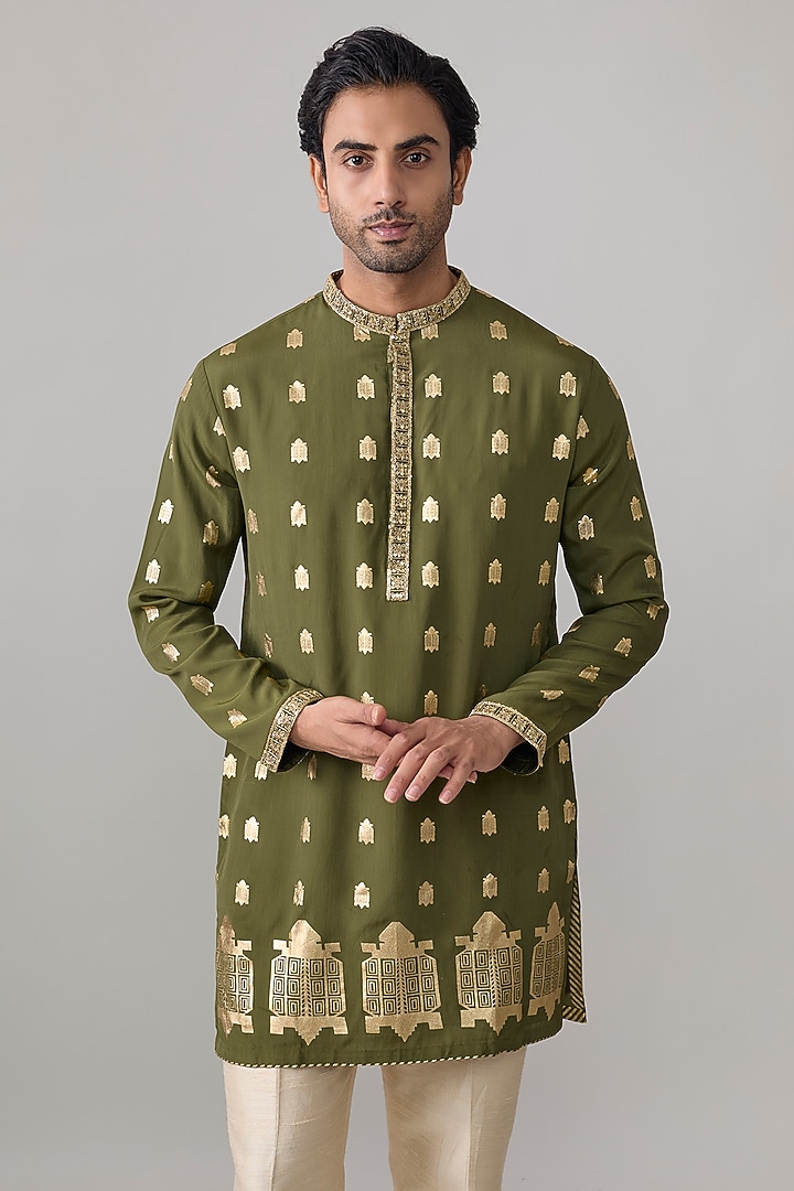 Olive Green Viscose Slub Kurta by Masaba Men at Pernia's Pop Up Shop