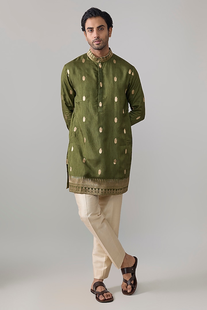 Olive Green Viscose Slub Kurta by Masaba Men at Pernia's Pop Up Shop