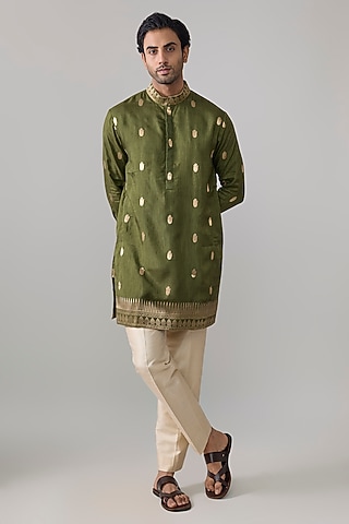 Olive Green Viscose Slub Kurta by Masaba Men