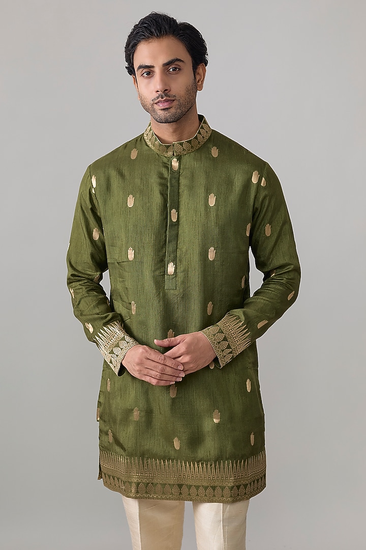 Olive Green Viscose Slub Kurta by Masaba Men at Pernia's Pop Up Shop