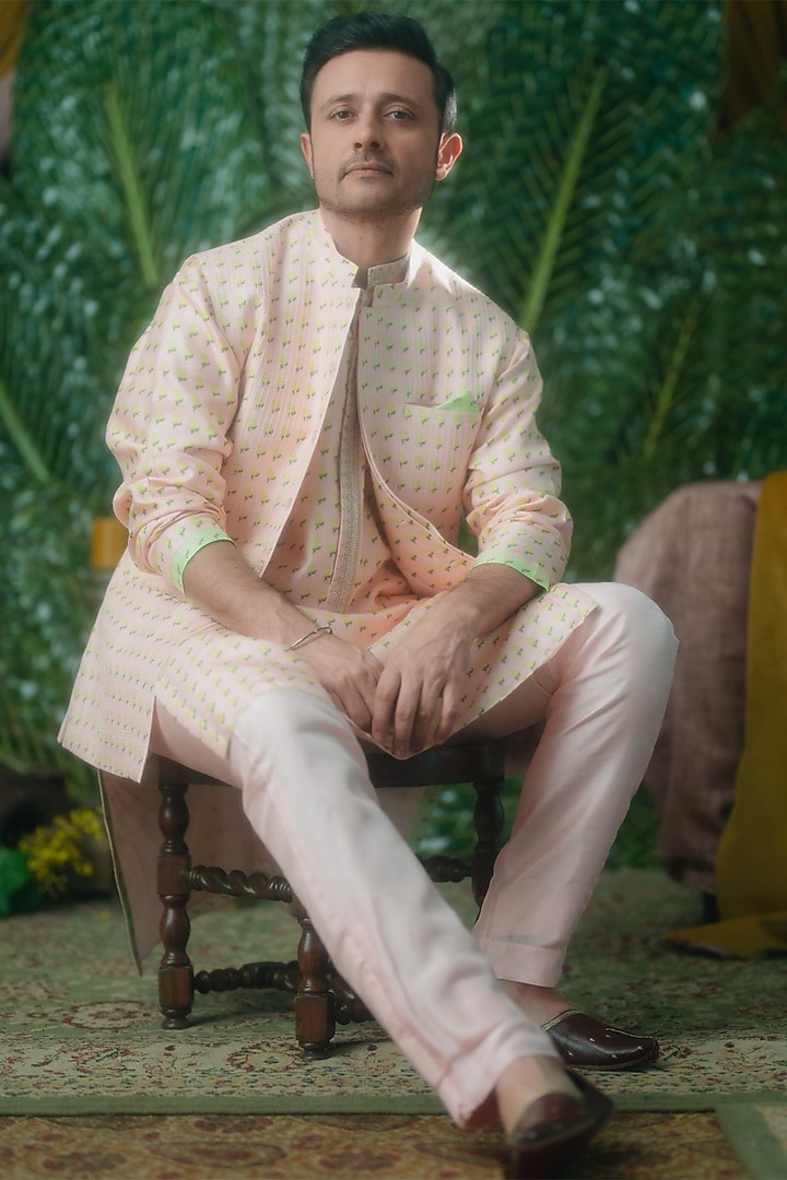 Barfi Pink Raw Silk Embroidered Kurta Set With Bundi Jacket by Masaba Men