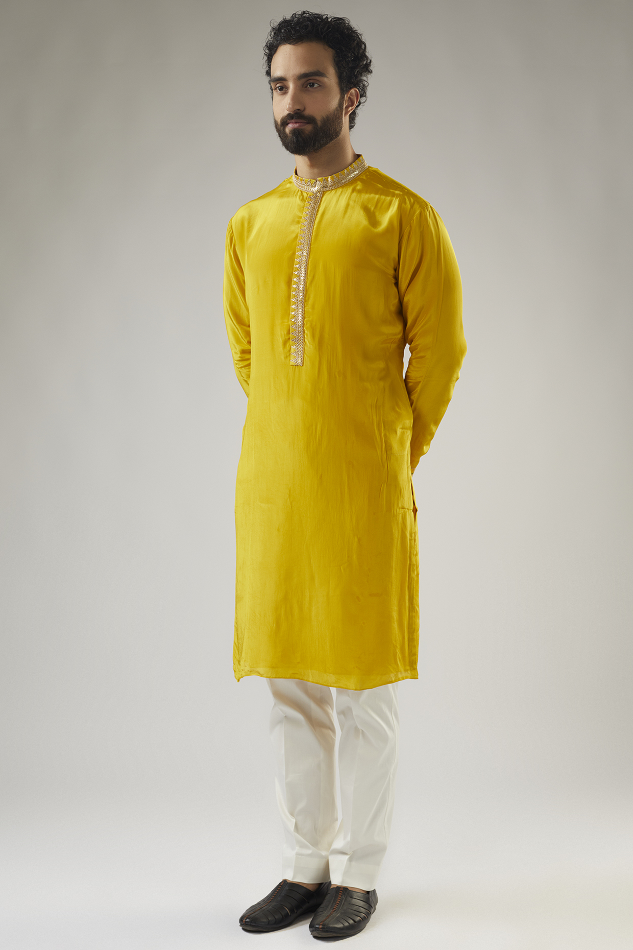 Yellow Raw Silk Embroidered Kurta by Masaba Men