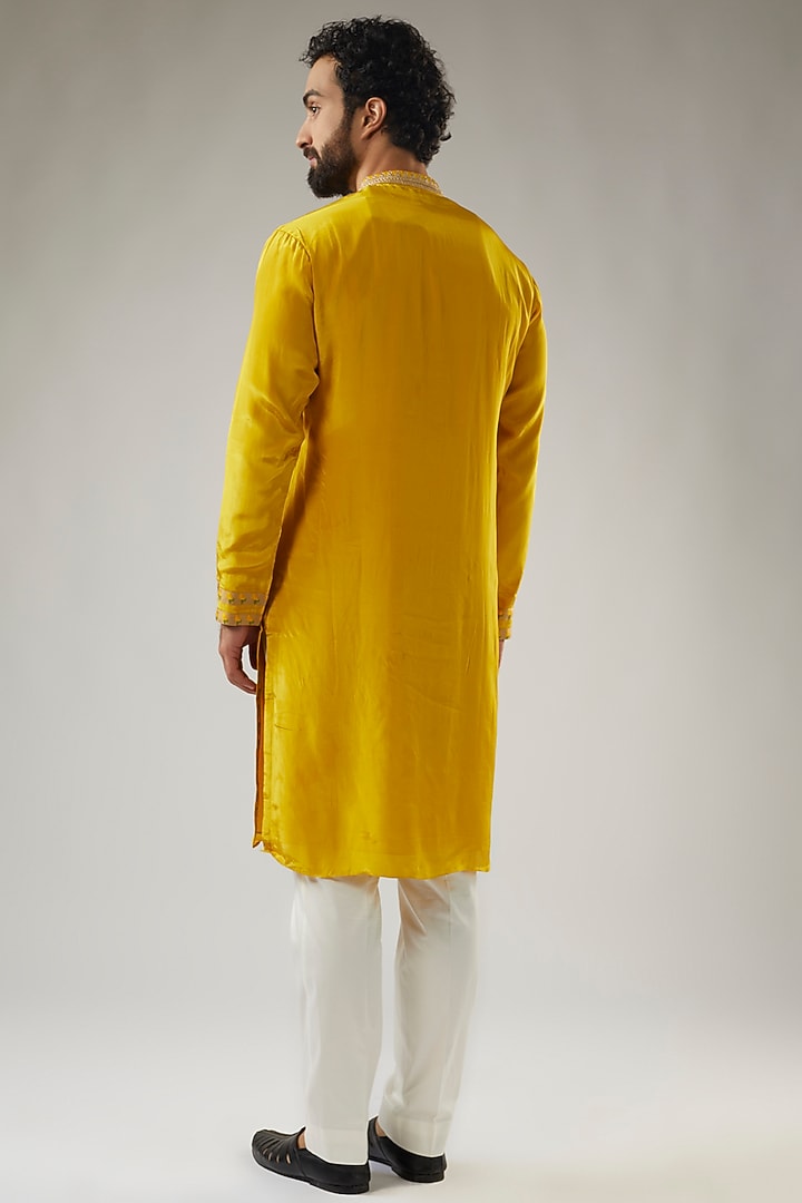 Yellow Raw Silk Embroidered Kurta by Masaba Men at Pernia's Pop Up Shop