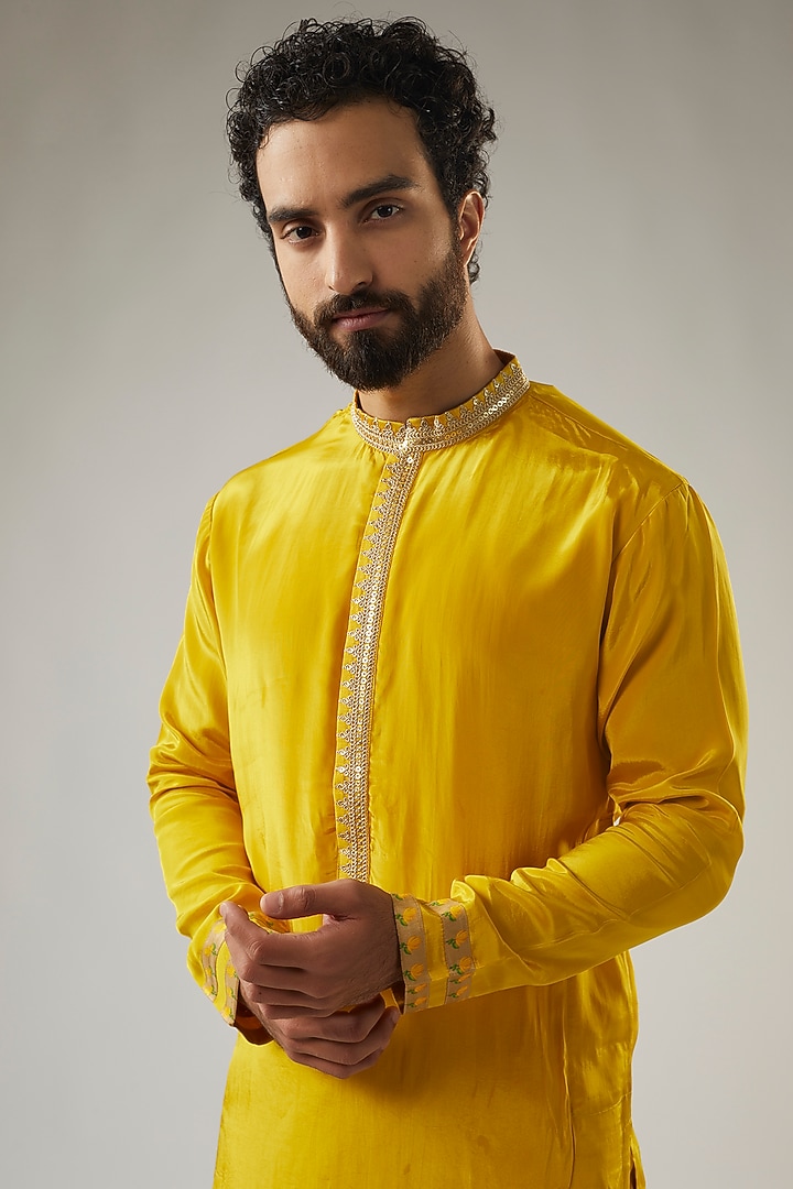 Yellow Raw Silk Embroidered Kurta by Masaba Men at Pernia's Pop Up Shop