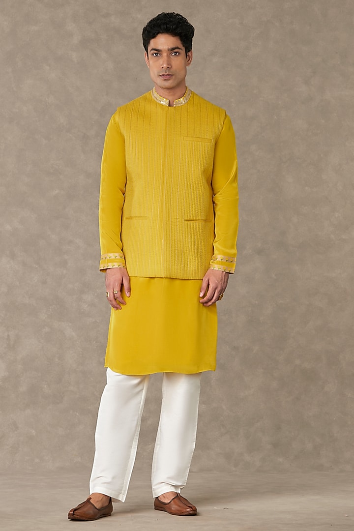 Corn Yellow Tissue Bundi Jacket Set by Masaba Men 