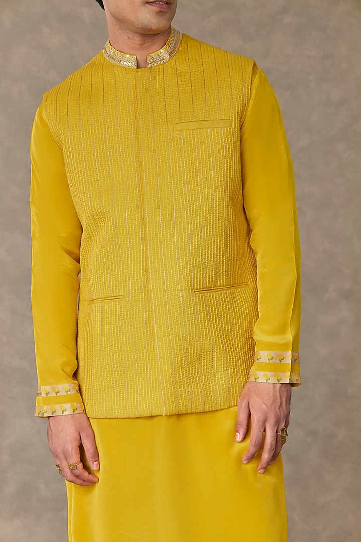 Corn Yellow Tissue Bundi Jacket Set by Masaba Men at Pernia's Pop Up Shop