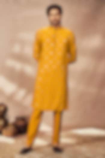 Mystic Yellow Crepe Silk Foil Printed Kurta Set by Masaba Men
