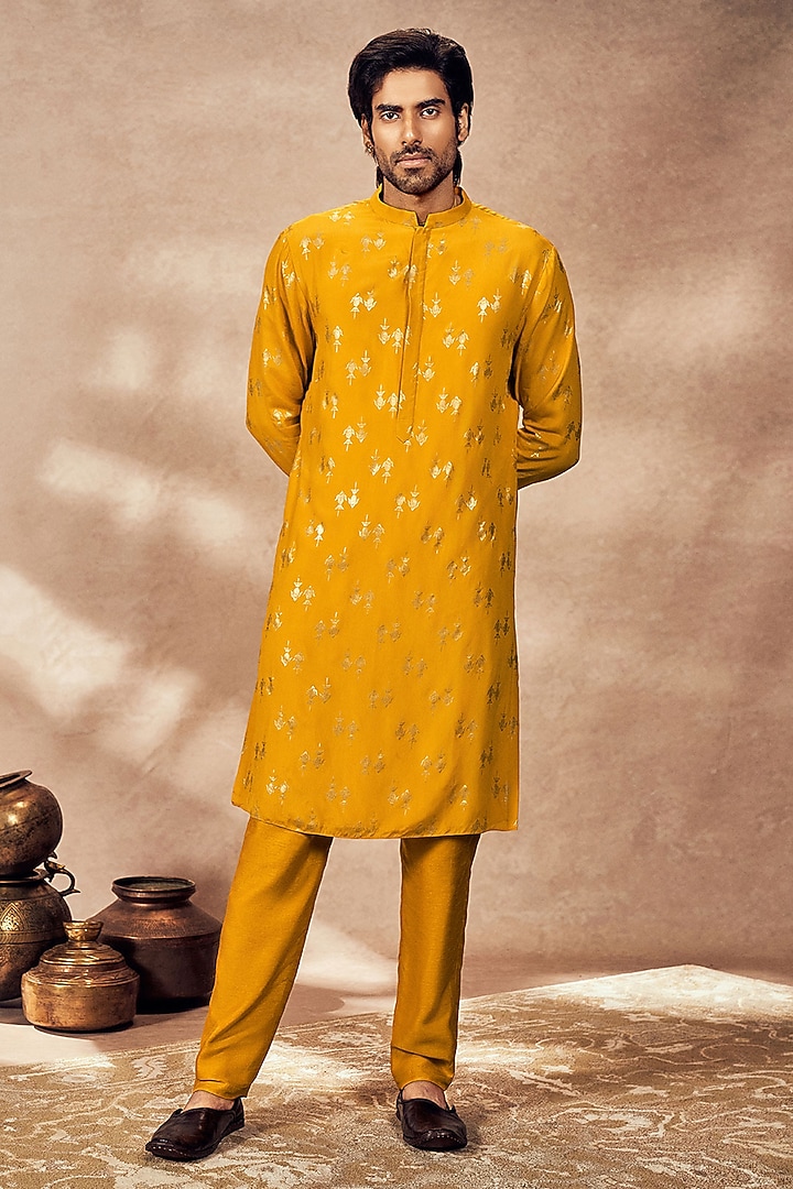 Mystic Yellow Crepe Silk Foil Printed Kurta Set by Masaba Men