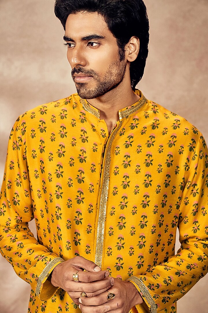 Yellow Pixie Dust Raw Silk Digital Printed Kurta Set by Masaba Men at Pernia's Pop Up Shop