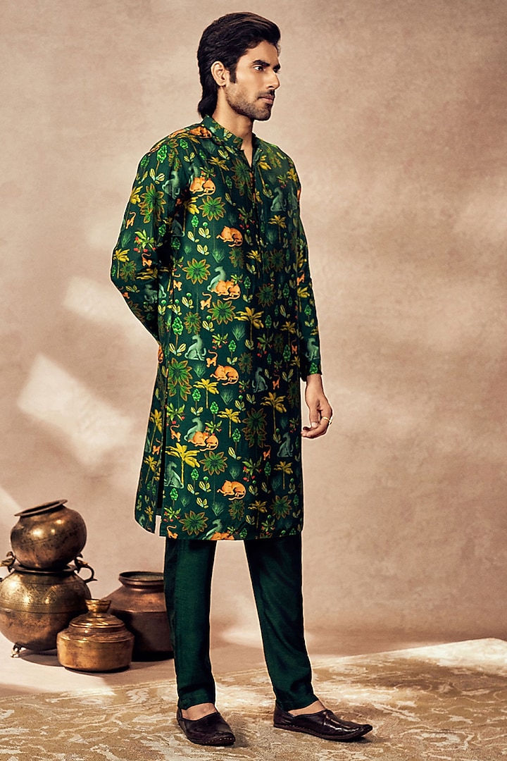 Green Tropical Rhapsody Raw Silk Digital Printed Kurta Set by Masaba Men