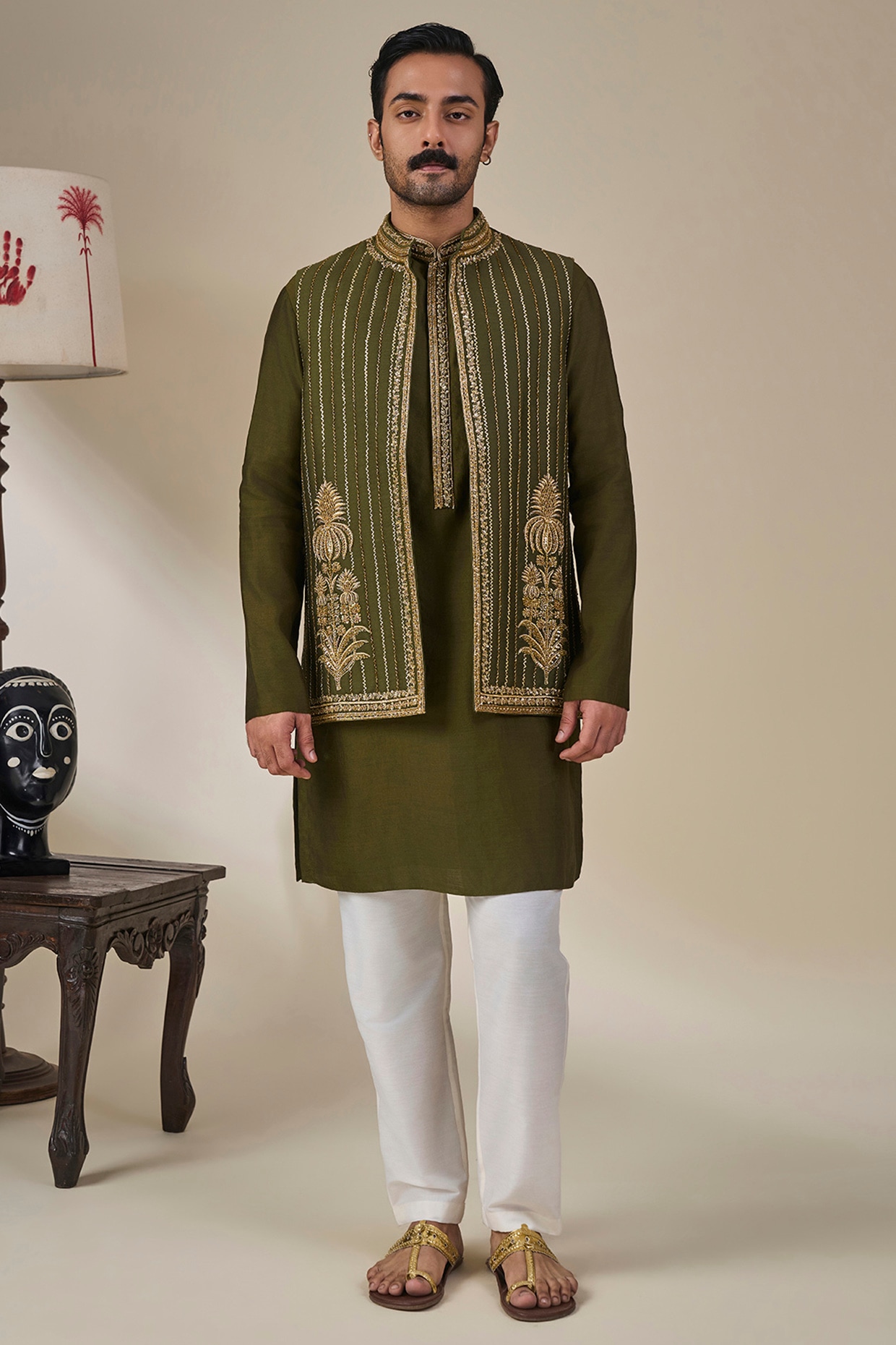 Masaba Green Silk Embroidered Bundi Jacket Set