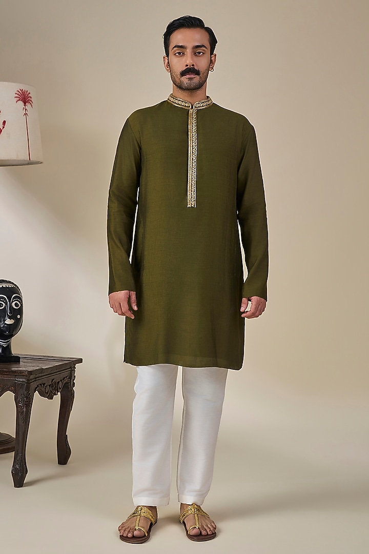 Green Silk Embroidered Bundi Jacket Set by Masaba Men at Pernia's Pop Up Shop