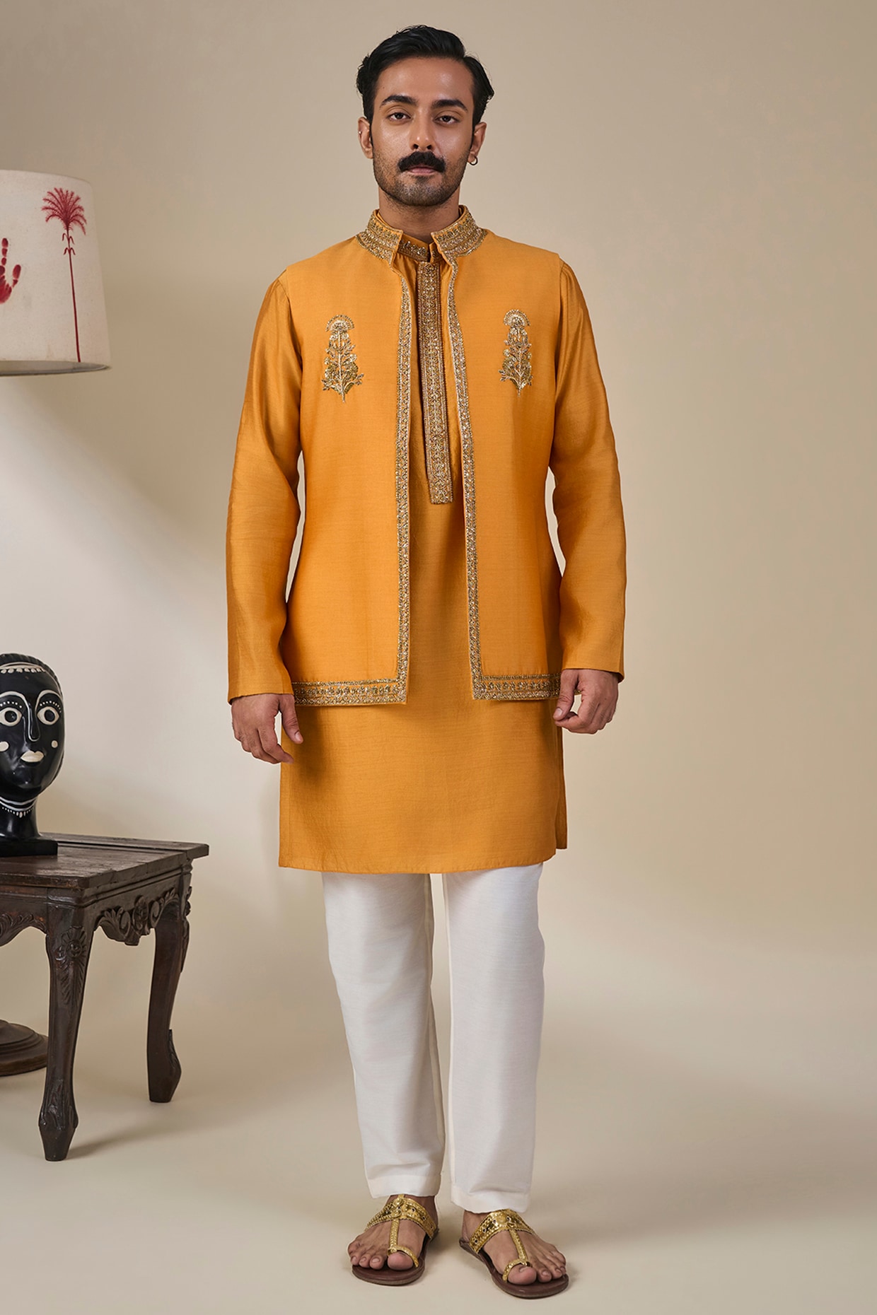 Masaba Mustard Silk Embroidered Bundi Jacket Set