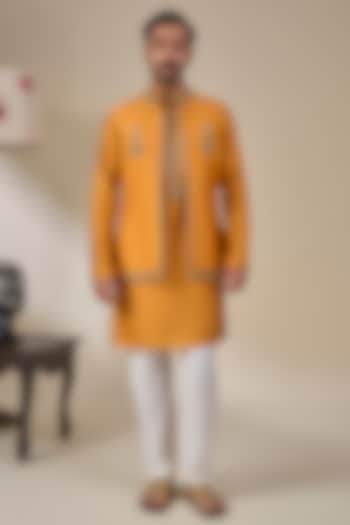 Mustard Silk Embroidered Bundi Jacket Set by Masaba Men at Pernia's Pop Up Shop