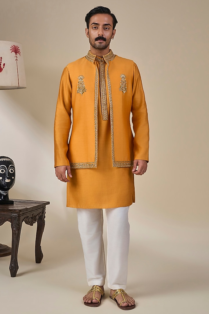 Mustard Silk Embroidered Bundi Jacket Set by Masaba Men at Pernia's Pop Up Shop