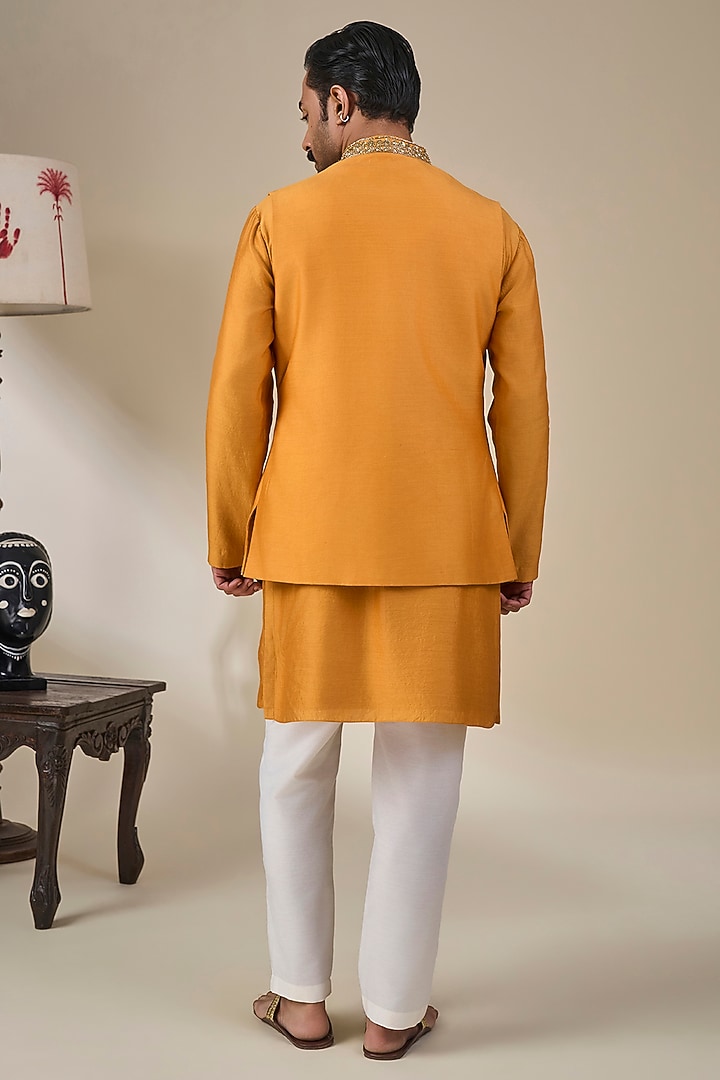 Mustard Silk Embroidered Bundi Jacket Set by Masaba Men at Pernia's Pop Up Shop
