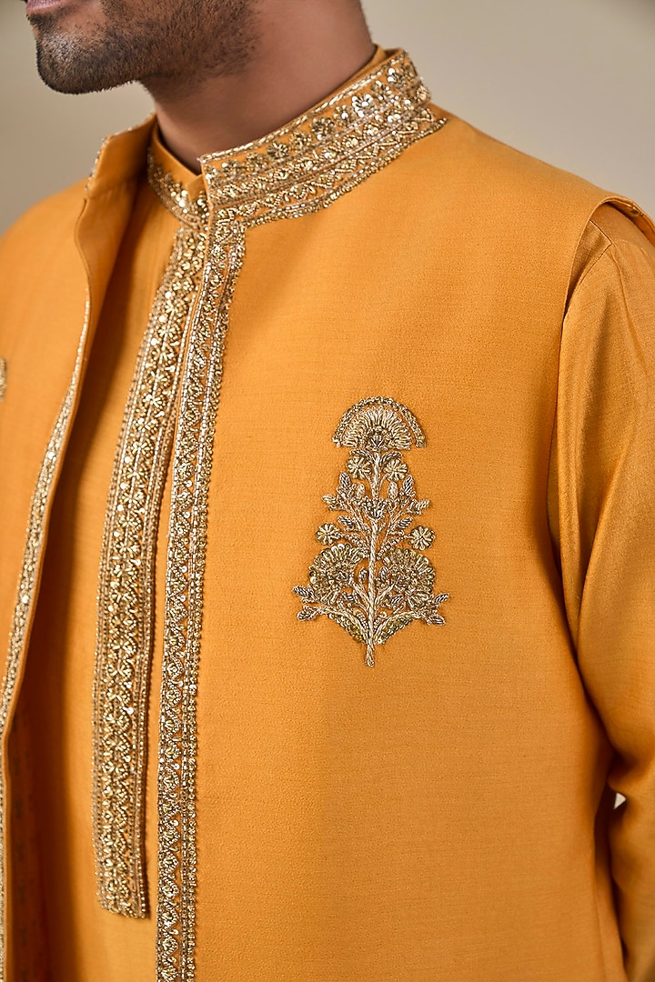 Mustard Silk Embroidered Bundi Jacket Set by Masaba Men at Pernia's Pop Up Shop