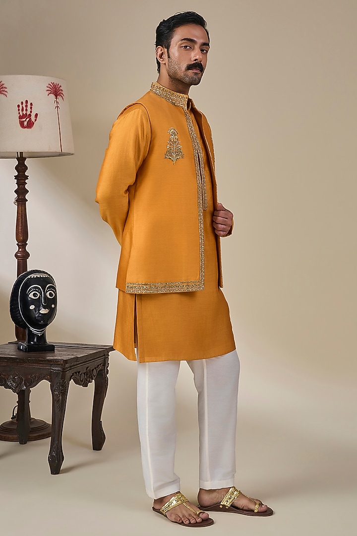 Mustard Silk Embroidered Bundi Jacket Set by Masaba Men at Pernia's Pop Up Shop