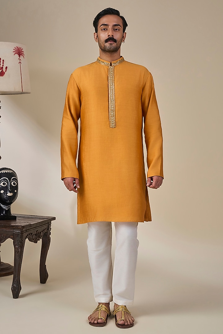 Mustard Silk Embroidered Bundi Jacket Set by Masaba Men at Pernia's Pop Up Shop