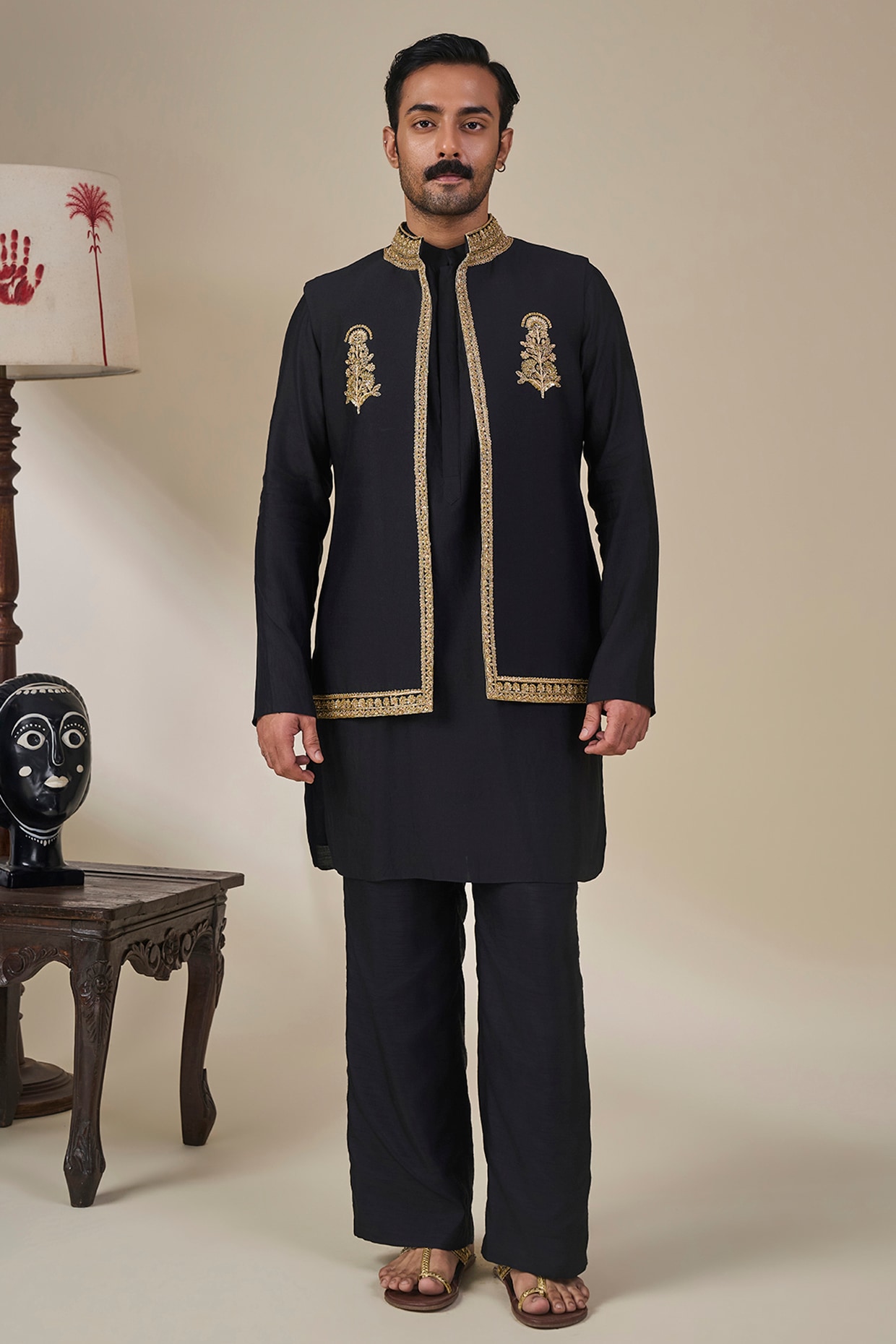 Masaba Black Silk Embroidered Bundi Jacket Set