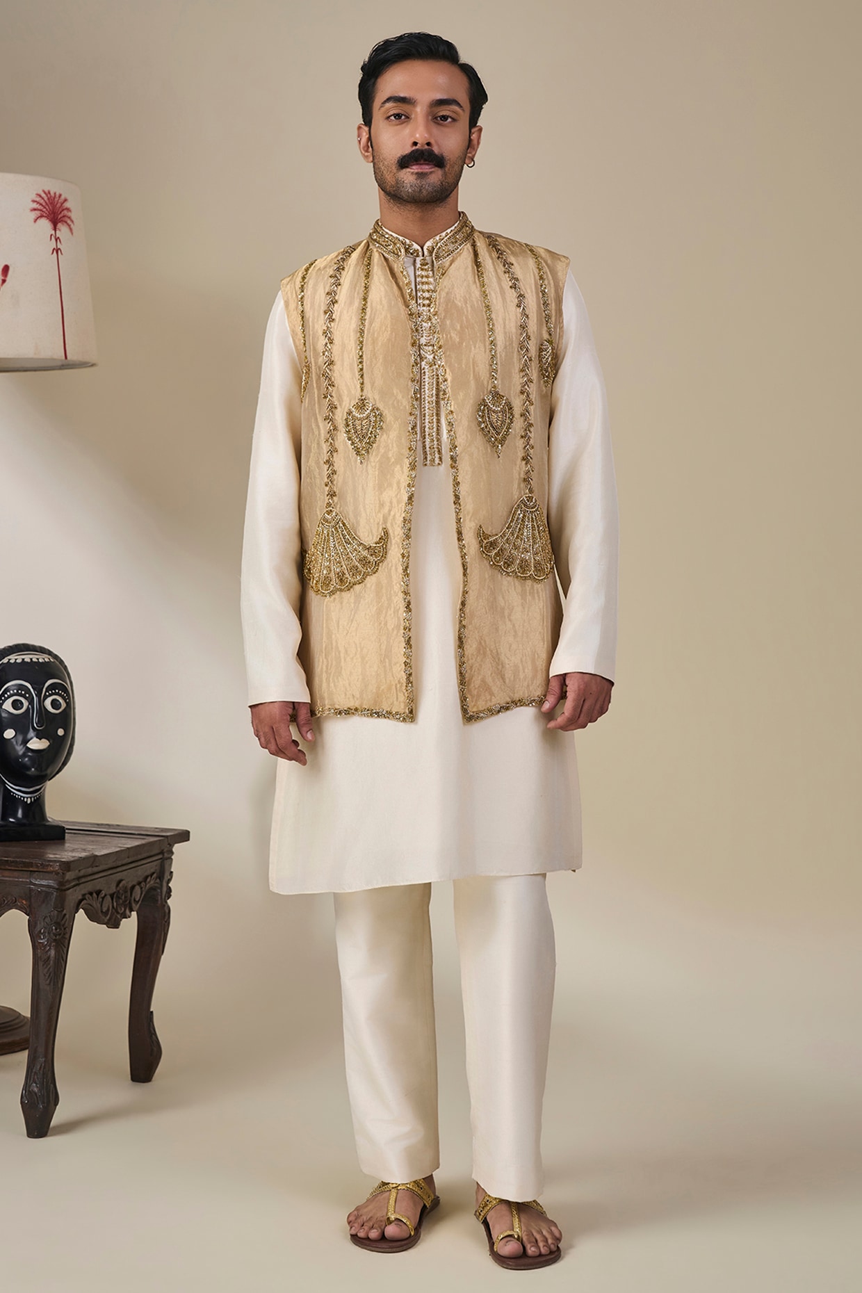 Masaba Gold Tissue Silk Embroidered Bundi Jacket Set