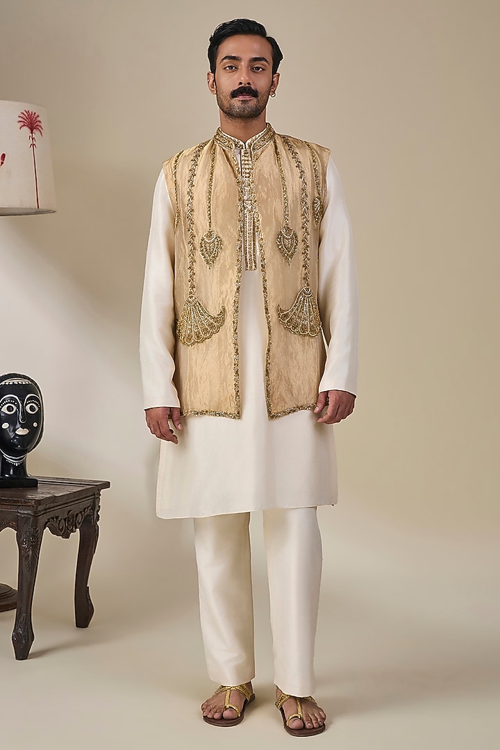 Gold Tissue Silk Embroidered Bundi Jacket Set by Masaba Men at Pernia's Pop Up Shop