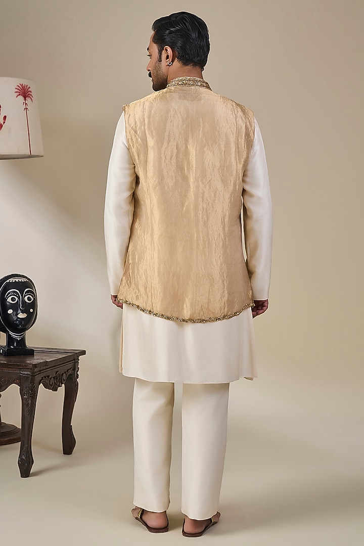 Gold Tissue Silk Embroidered Bundi Jacket Set by Masaba Men at Pernia's Pop Up Shop