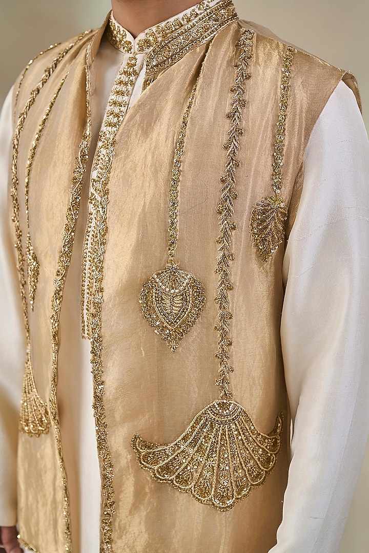 Gold Tissue Silk Embroidered Bundi Jacket Set by Masaba Men at Pernia's Pop Up Shop