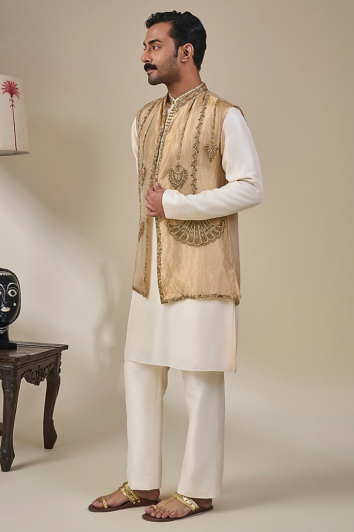 Gold Tissue Silk Embroidered Bundi Jacket Set by Masaba Men at Pernia's Pop Up Shop