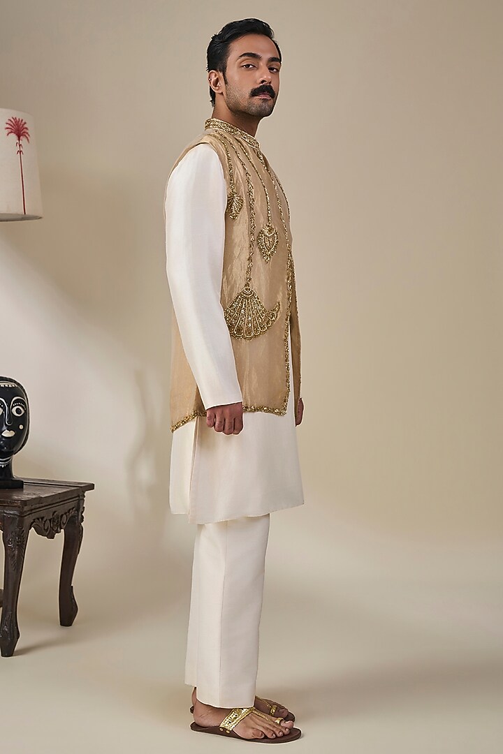 Gold Tissue Silk Embroidered Bundi Jacket Set by Masaba Men at Pernia's Pop Up Shop