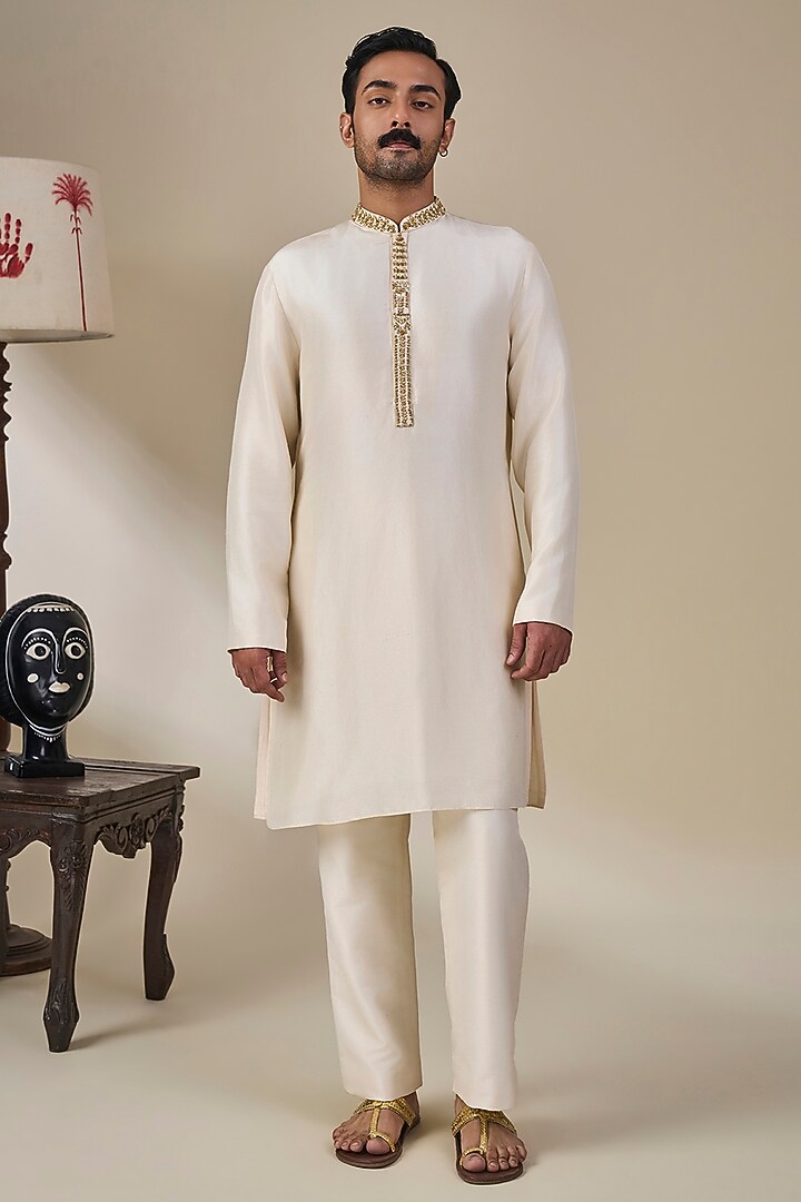 Gold Tissue Silk Embroidered Bundi Jacket Set by Masaba Men at Pernia's Pop Up Shop