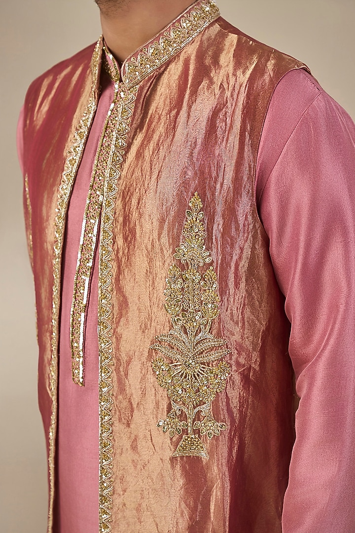 Pink Tissue Silk Embroidered Bundi Jacket Set by Masaba Men at Pernia's Pop Up Shop
