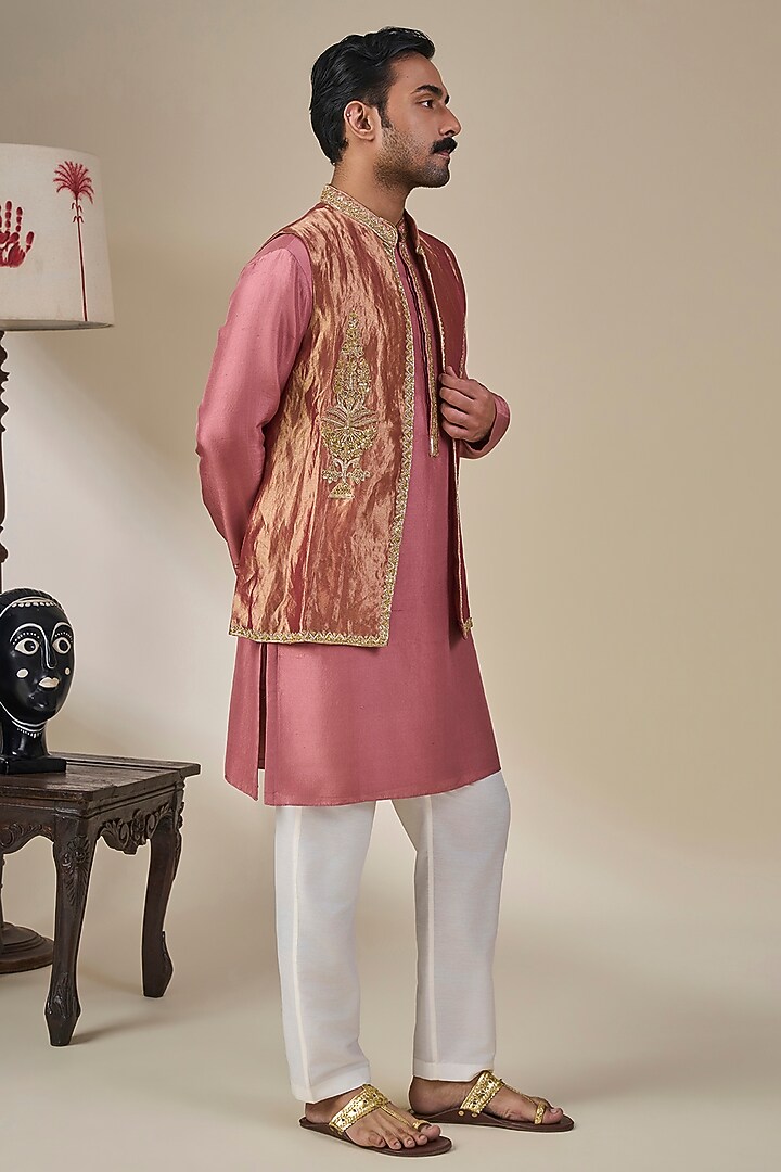 Pink Tissue Silk Embroidered Bundi Jacket Set by Masaba Men at Pernia's Pop Up Shop
