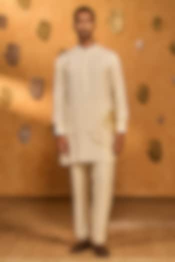 Ivory Raw Silk Foil Printed Kurta Set by Masaba Men