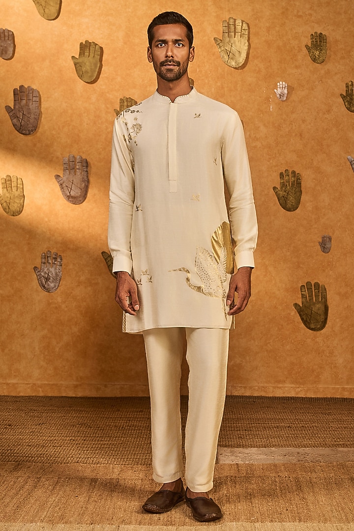 Ivory Raw Silk Foil Printed Kurta Set by Masaba Men