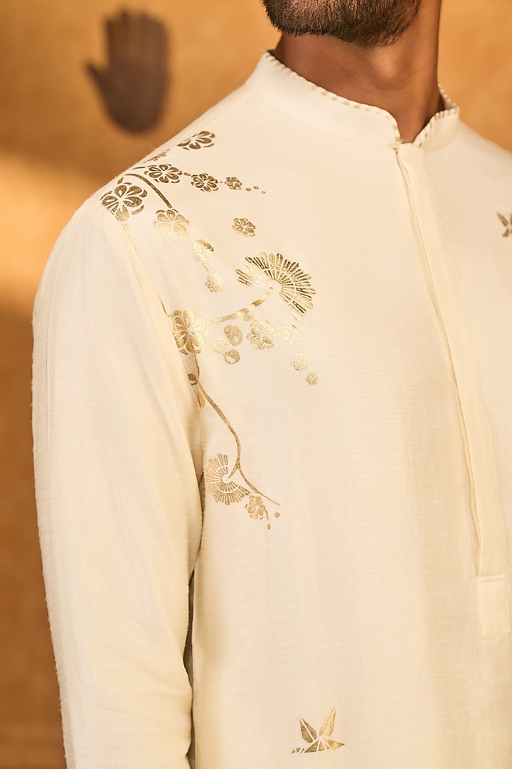 Ivory Raw Silk Foil Printed Kurta Set by Masaba Men at Pernia's Pop Up Shop