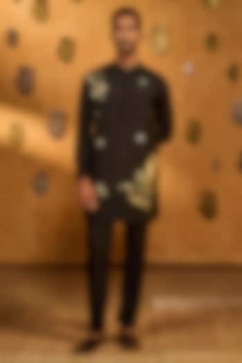 Black Raw Silk Foil Printed Kurta Set by Masaba Men