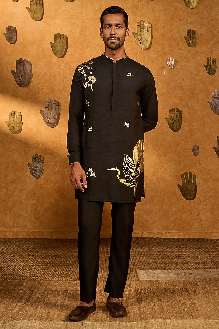 Black Raw Silk Foil Printed Kurta Set by Masaba Men