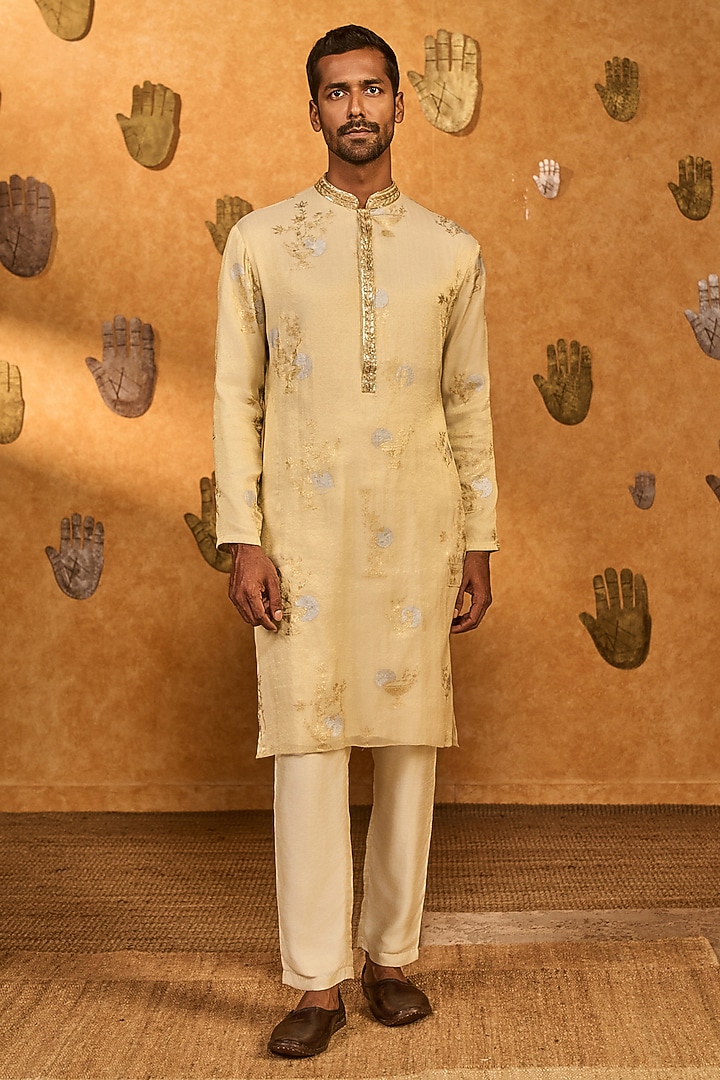 Gold & Ivory Tissue Silk Foil Printed Kurta Set by Masaba Men