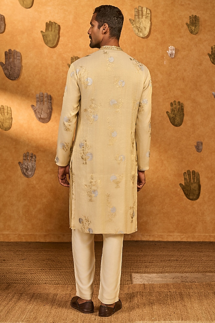 Gold & Ivory Tissue Silk Foil Printed Kurta Set by Masaba Men at Pernia's Pop Up Shop