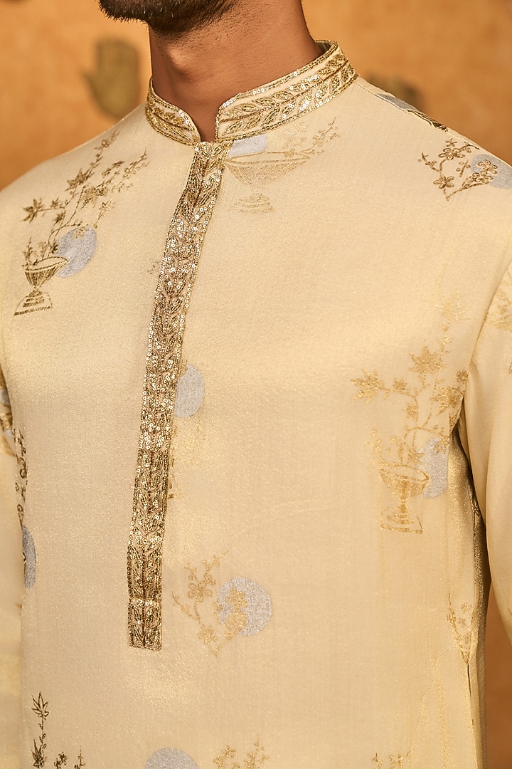 Gold & Ivory Tissue Silk Foil Printed Kurta Set by Masaba Men at Pernia's Pop Up Shop
