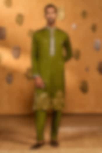 Green Jacquard Gold Embroidered Kurta Set by Masaba Men