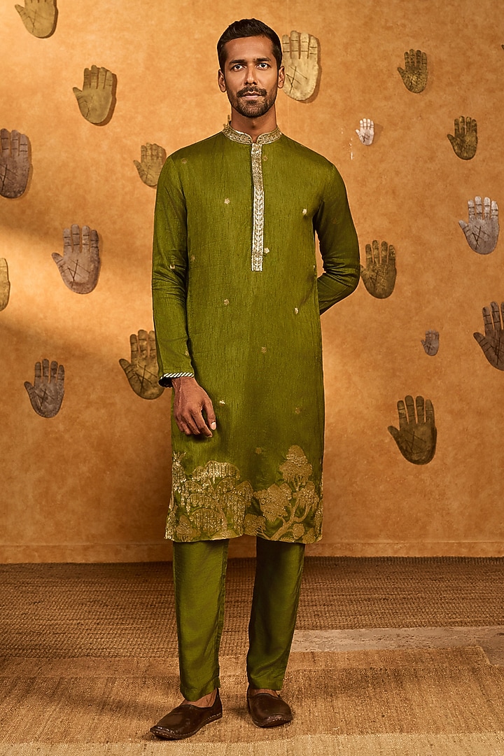 Green Jacquard Gold Embroidered Kurta Set by Masaba Men