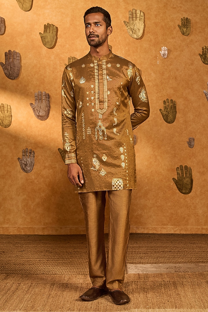 Mocha Brown Tissue Foil Printed Kurta Set by Masaba Men